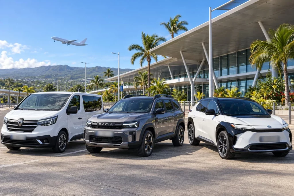 Van Renault blanc, SUV Dacia gris et SUV Toyota blanc devant une aérogare, avec un avion en approche.